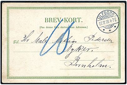 Ufrankeret brevkort (Tegning af Frederiksberg kirke) stemplet Ulfborg d. 22.12.1908 til Nyker, Bornholm. Udtakseret i 10 øre porto.