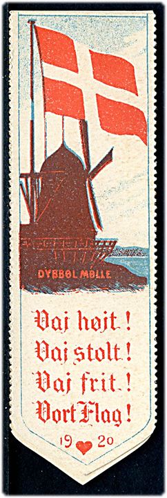 Genforeningen 1920. Illustreret bogmærke Sønderjylland vundet - Det var Kampens Maal med landkort og på bagsiden Dybbøl Mølle.