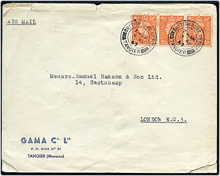 Britisk 2d George VI (3) på luftpostbrev annulleret British Post Office Tangier d. 3.4.1947 til London. Rifter.