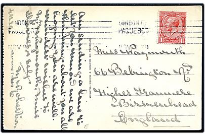 1d George V på brevkort (Vigo, Spanien) dateret d. 4.11.1920 annulleret med skibsstempel London F.S. Paquebot d. 8.11.1920 til England.