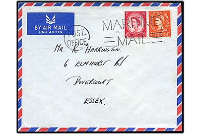 ½d og 2½d Elizabeth på luftpostbrev annulleret med flådepost stempel Post Office / Maritime Mail til Dovercourt, England. Sendt fra Royal Marine ombord på krydseren HMS Newcastle c/o GPO London. Newcastle deltog i 1950'erne bl.a. i Koreakrigen og urolighederne i Malaya.
