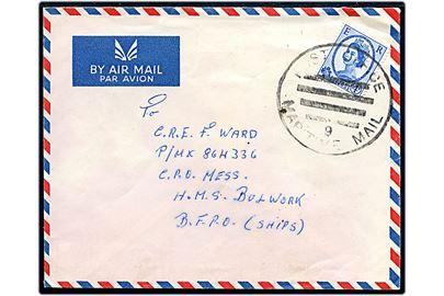 4d Elizabeth på luftpostbrev dateret d. 15.10.1969 annulleret med stumt flådepost stempel Post Office 9 Maritime Mail til sømand ombord på hangarskibet HMS Bulwark BFPO (Ships). Sendt fra sømand ombord på HMS Hydra c/o BFPO (Ships). Hydra var et britisk opmålingsskib som i slutningen af 1969 var i Fjernøsten.