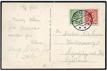 5 øre og 10 øre Chr. X på brevkort (Hadersleben Seminar-Überschule - rettet til Haderslev Seminariet) annulleret med brotype IIb Haderslev sn2 d. 14.8.1920 til Lyngby.