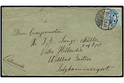20 øre Våben med matricefejl brud på ydre cirkellinie single på brev fra Rungsted d. 13.8.1900 til komponisten Lange-Müller i Wildbad, Salzkammergut, Østrig.