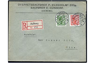 20 øre og 25 øre Chr. X på anbefalet brev fra Aalborg d. 13.11.1926 til Nibe.