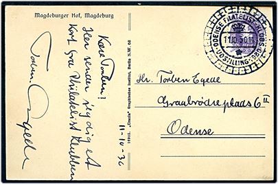7 øre Chr. X 60 år på lokalt brevkort annulleret med særstempel Odense Filatelist-Klubs Udstilling 1930 d. 11.10.1930.