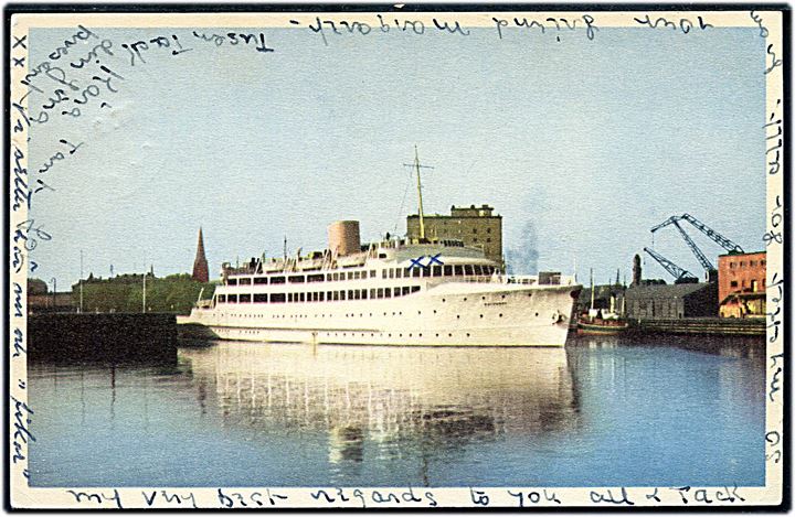 15 öre Gustaf på bevkort (Jernbanefærgen Malmöhus) skrevet ombord på færgen og annulleret med sejlende bureaustempel Copenhague - Malmö * Amb 142 * d. 27.9.1950 til Stockholm.