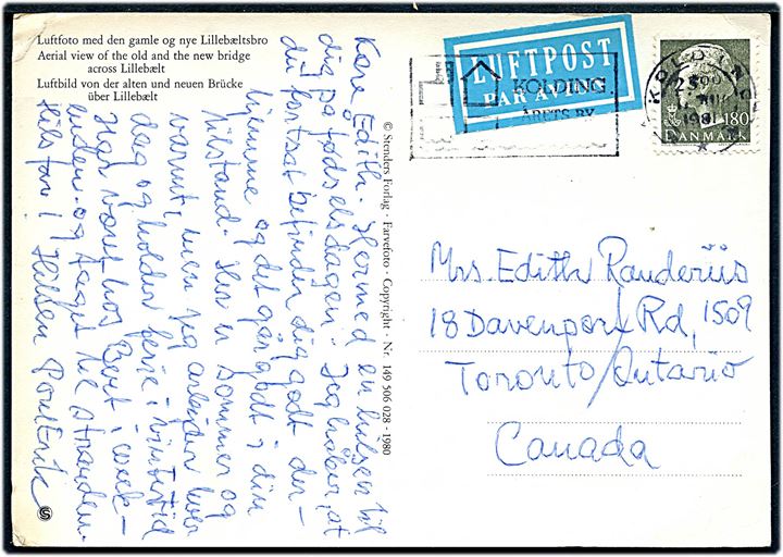 180 øre Margrethe single på luftpost brevkort fra Kolding d. 17.8.1981 til Toronto, Canada.