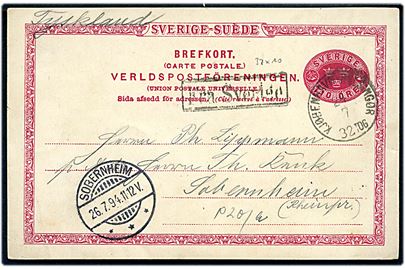 10 öre helsagsbrevkort fra Helsingborg annulleret med dansk lapidar bureaustempel Kjøbenhavn - Helsingør d. 24.7.1894 og sidestemplet Fra Sverige til Sobernheim, Tyskland.