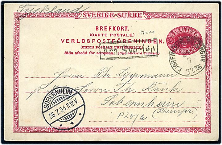 10 öre helsagsbrevkort fra Helsingborg annulleret med dansk lapidar bureaustempel Kjøbenhavn - Helsingør d. 24.7.1894 og sidestemplet Fra Sverige til Sobernheim, Tyskland.