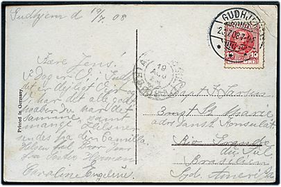 10 øre Fr. VIII på brevkort fra Gudhjem d. 20.7.1908 til Capt. ombord på 3-mastet skonnert Marie c/o Danske Konsulat i Rio Grande du Sul, Brasilien. Ank.stemplet d. 19.8.1908.