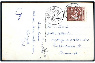 20 öre Flygtningeår på brevkort annulleret Sankt Ibb d. 30.6.1960 til poste restante i København, Danmark.