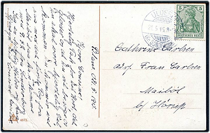 5 pfg. Germania på brevkort stemplet Ulderup (Kr. Sonderburg) d. 21.5.1915 til Maiböl pr. Hörup.