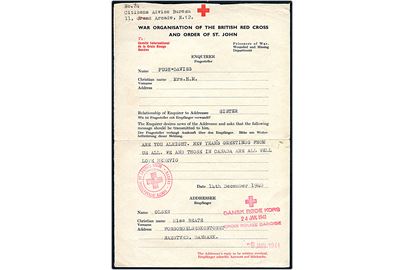 Britisk Røde Kors formular brev dateret d. 14.12.1940 til Næstved, Danmark. Røde Kors stempler fra både København og Geneve.