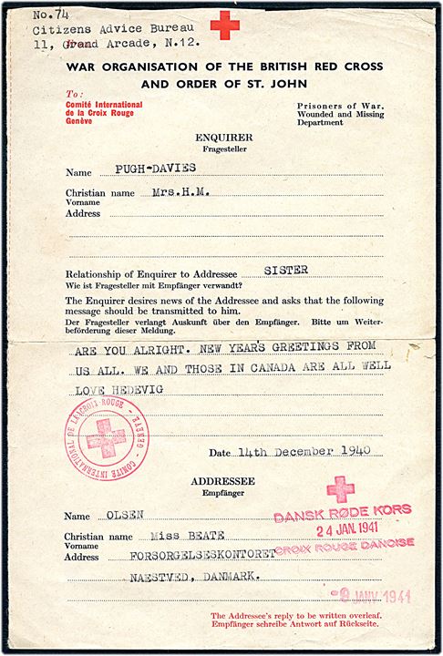 Britisk Røde Kors formular brev dateret d. 14.12.1940 til Næstved, Danmark. Røde Kors stempler fra både København og Geneve.