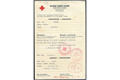 Dansk Røde Kors formular brev fra Næstved d. 26,9,1941 til England. På bagsiden svar dateret 18.11.1941. Britisk censur og Røde Kors stempler fra København og Geneve.