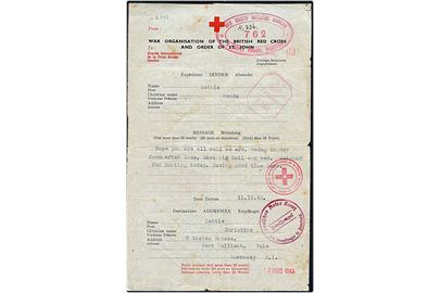 Britisk Røde Kors formular brev fra England d. 11.12.1942 til tysk besat Guernsey, Channel Islands - på bagsiden svar dateret d. 21.5.1943. Flere censurstempler og Røde Kors stempler fra England, Schweiz, Frankrig og Kanaløerne. 