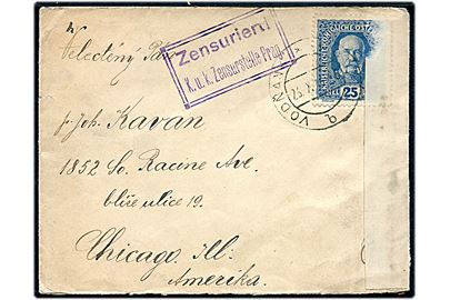 25 h. Franz Joseph single på brev fra Vodnany d. 26.10.1916 til Chicago, USA. Østrigsk censur fra Prag og åbnet af britisk censur no. 4261.