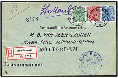 5 øre, 10 øre og 20 øre Chr. X på 35 øre frankeret anbefalet brev fra Skodsborg d. 11.9.1915 til Rotterdam, Holland. Passér stemplet ved den tyske censur i Emmerich.