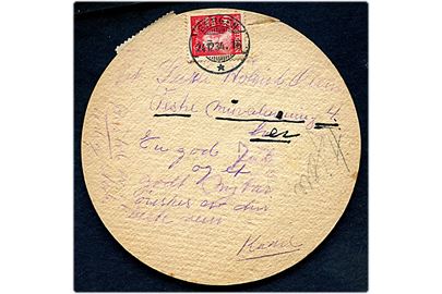 20 øre Holberg på Øl-brik Hansa Øl anvendt som lokalt brevkort i Bergen d. 24.12.1934. På bagsiden Den norske Sjömannsmisjons Julemærke 