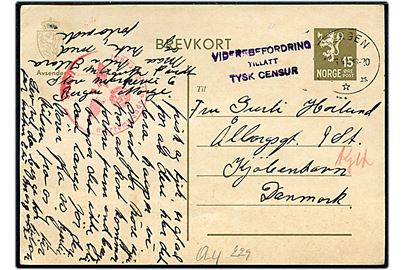 15 øre Løve helsagsbrevkort fra Bergen d. 10.6.1940 til København, Danmark. Violet censurstempel Viderebefordring tillatt Tysk Censur og tysk censurstempel.
