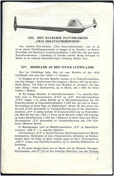 Internationale Luftfarts Udstilling i København 1934. Illustreret brochure fra Unionen af socialistiske Sovjet Republikkers Stand.  8 sider.