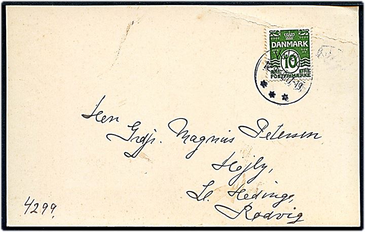 10 øre Bølgelinie på brevkort annulleret med sjældent brotype IIIc Kjøge d. 12.9.1929 til Lille Hedinge pr. Rødvig. Stempel kun registreret anvendt i perioden 16.8.1929-31.1.1930 jf. Vang Jensen.