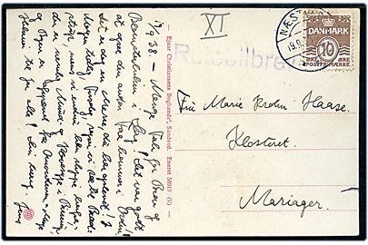 10 øre Bølgelinie på brevkort (Parti fra Bisserup) annulleret Næstved d. 19.9.1938 og sidestemplet violet Rutebilbrev til Mariager.