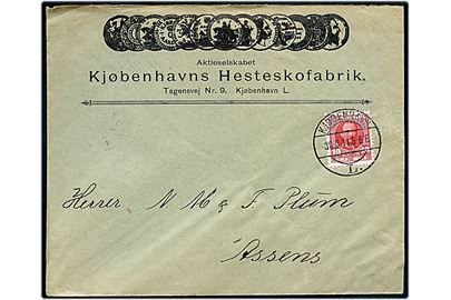 10 øre Fr. VIII på illustreret firmakuvert fra Kjøbenhavns Hesteskofabrik annulleret Kjøbenhavn L. d. 30.8.1911 til Assens.