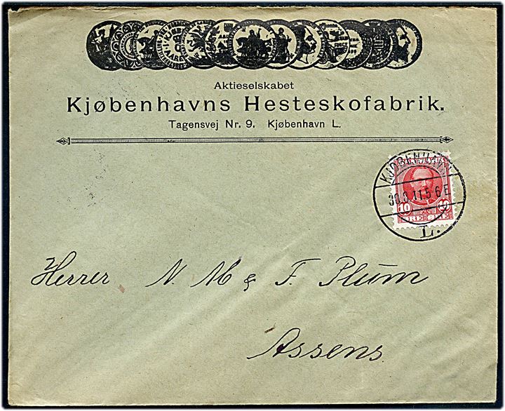 10 øre Fr. VIII på illustreret firmakuvert fra Kjøbenhavns Hesteskofabrik annulleret Kjøbenhavn L. d. 30.8.1911 til Assens.