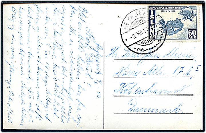 60 aur UPU på brevkort fra Reykjavik d. 8.8.1950 til København, Danmark.