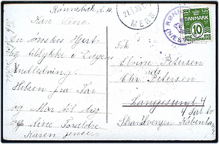 10 øre Bølgelinie på brevkort annulleret med posthornstempel RØNNEBÆK (NÆSTVED) og sidestemplet Næstved - Mern T.7 d. 21.1.1930 til København.