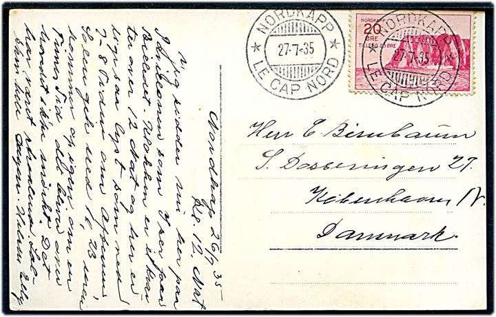 20+25 øre Nordkap udg. på brevkort annulleret med 2-sproget stempel Nordkapp d. 27.7.1935 til København, Danmark.