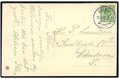 5 øre Chr. X på brevkort (Kerteminde rådhus og kirke) annulleret med bureaustempel Odense - Martofte T.5 d. 12.8.1917 til København.