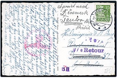 15 øre Karavel på brevkort (Espergærde havn) fra Humlebæk d. 3.6.1942 til Berlin, Tyskland. Retur med påskrift Abgereist nach Dänemark, Taulov Station. Tysk censur fra Hamburg.