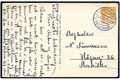 10 øre Bølgelinie på brevkort (Esbønderup kirke) annulleret med bureaustempel København - Helsingør T.736(?) d. 15.6.1935 til Roskilde.