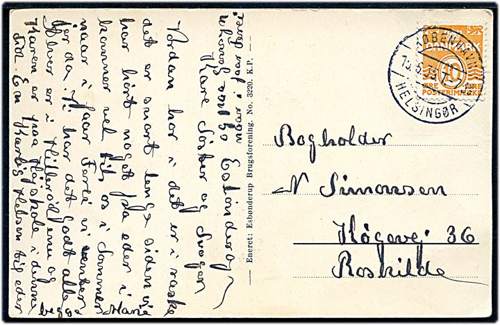 10 øre Bølgelinie på brevkort (Esbønderup kirke) annulleret med bureaustempel København - Helsingør T.736(?) d. 15.6.1935 til Roskilde.