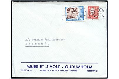 20 øre Chr. X og Julemærke 1947 på fortrykt firmakuvert fra Mejeriet Tivoli, Gudumholm stemplet Aalborg d. 24.11.1947 til Hadsund.