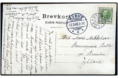5 øre Fr. VIII på brevkort (Hilsen fra Vallekilde med foto at elever) annulleret med stjernestempel VALLEKILDE og sidestemplet Hørve d. 27.3.1908 til Bredsten.