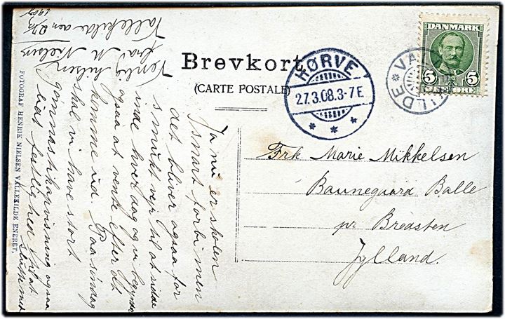 5 øre Fr. VIII på brevkort (Hilsen fra Vallekilde med foto at elever) annulleret med stjernestempel VALLEKILDE og sidestemplet Hørve d. 27.3.1908 til Bredsten.