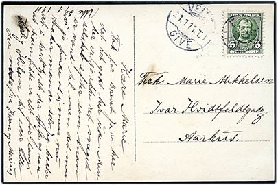 5 øre Fr. VIII på brevkort (Randbøldal) annulleret med uldent stjernestempel UHE og sidestemplet bureau Veile - Give T.? d. 21.1.1911 til Aarhus.