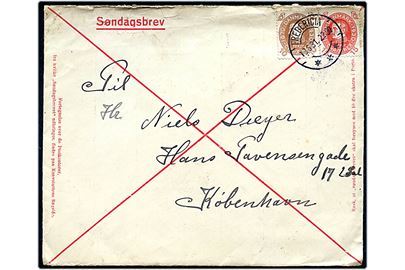 10 øre og 15 øre Chr. X 60 år på fortrykt Søndagsbrev kuvert fra Fredericia d. 13.6.1931 til København. På bagsiden fortegnelse over byer hvor der blev udbragt søndagsbreve.