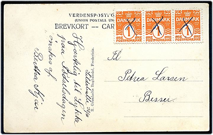 1 øre Bølgelinie i 3-stribe annulleret med blækkryds på lokalt brevkort (Slaget ved Heise kro 1849) dateret i Sildeballe d. 30.11.19xx til Besser på Samsø.