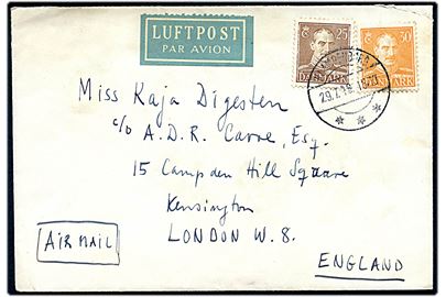 25 øre og 30 øre Chr. X på luftpostbrev fra Klampenborg d. 29.7.1948 til London, England.