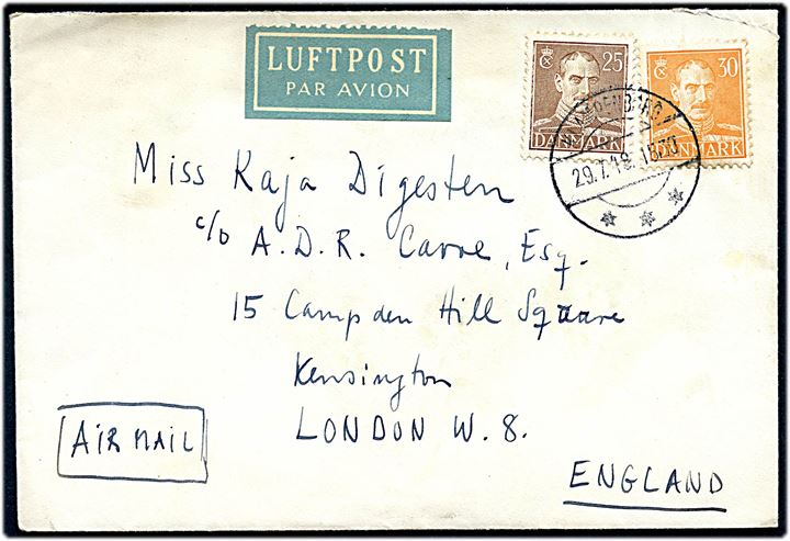25 øre og 30 øre Chr. X på luftpostbrev fra Klampenborg d. 29.7.1948 til London, England.