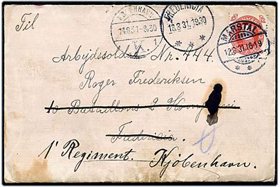15 øre Chr. X 60 år på brev annulleret med brotype Ic Marstal d. 12.8.1931 til arbejdssoldat ved 10 Bataillon i Fredericia - eftersendt til 1. Regiment, København. Nusset.