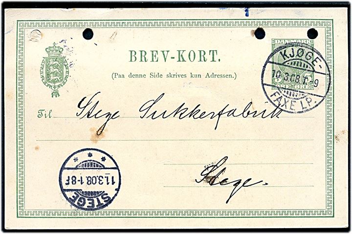 5 øre Fr. VIII helsagsbrevkort fra Fakse annulleret med bureaustempel Kjøge - Faxe Lp. T.9 d. 10.3.1908 til Stege. Arkivhuller.