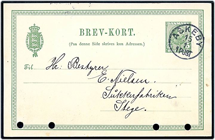 5 øre Chr. IX helsagsbrevkort annulleret med lapidar Askeby d. 15.1.1907 til Stege. Arkivhuller.