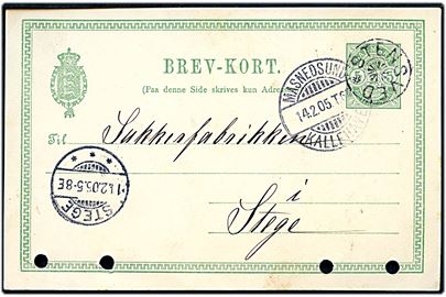 5 øre Våben helsagsbrevkort annulleret med stjernestempel STENSVED og sidestemplet bureau Masnedsund - Kallehave T.6 d. 14.2.1905 til Stege. Arkivhuller.