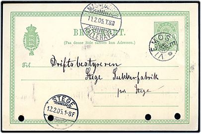 5 øre Våben helsagsbrevkort annulleret med stjernestempel VIEMOSE og sidestemplet bureau Masnedsund - Kallehave T.8 d. 11.2.1905 til Stege. Arkivhuller.